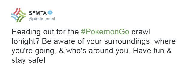 SFMTA tweet about Pokemon Go safety reminding players to be aware of surroundings while playing.
