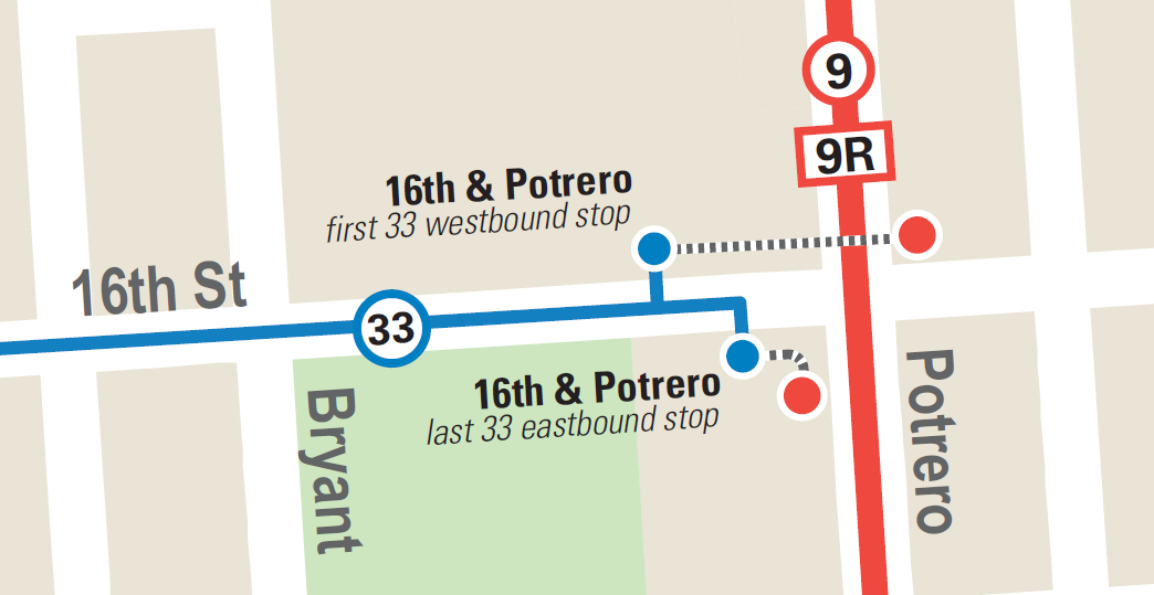 Map showing 33 bus route intersection with 9 and 9R stops at 16th and Potrero streets.