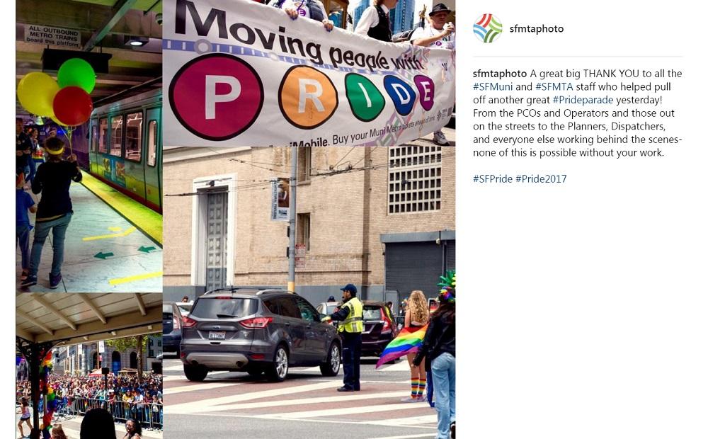 # Alt Text</p>
<p>SFMTA staff and Muni operators participate in San Francisco Pride Parade with transit-themed float and signage.