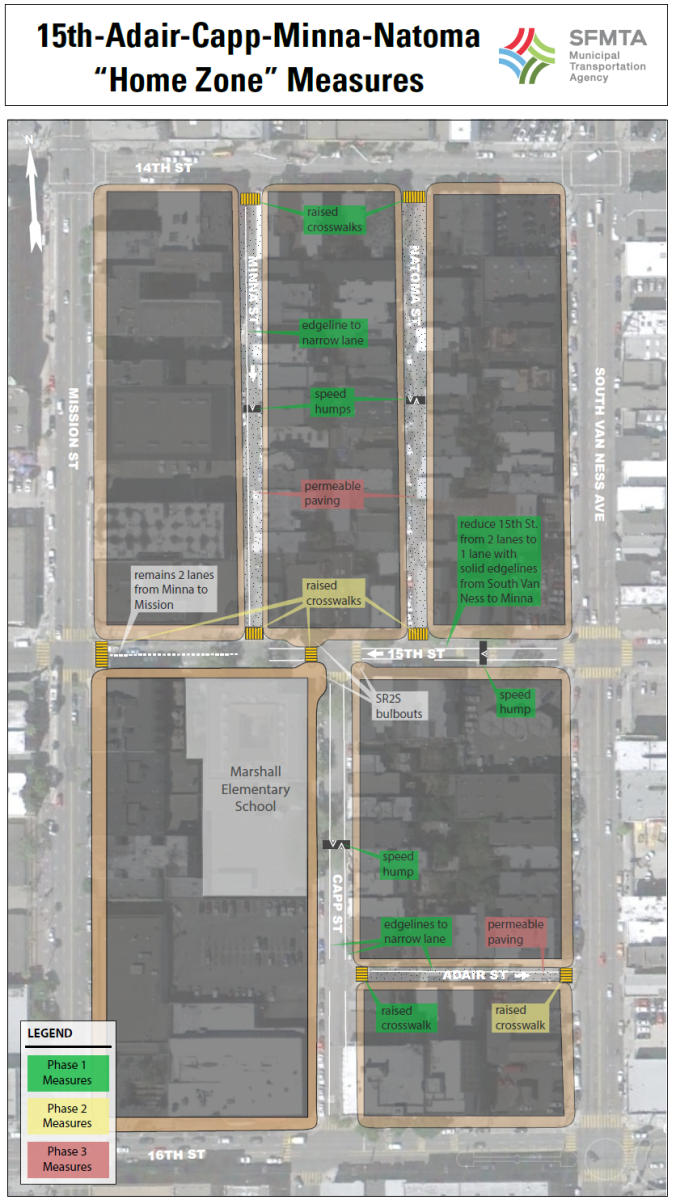 Aerial map showing traffic calming measures planned for 15th, Adair, Capp, Minna, and Natoma streets in three phases.