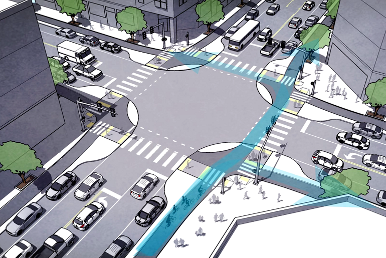 Aerial illustration of a protected intersection with separated bike lanes, pedestrian crossings, and vehicle traffic.