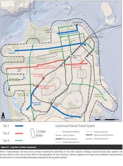 San Francisco transit map showing current and planned rail lines with three tiers of service expansion.
