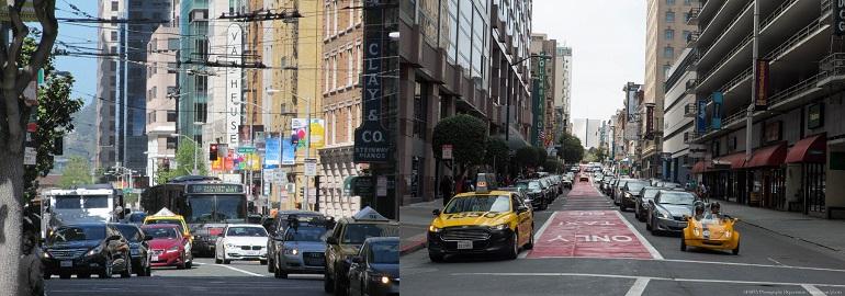 Yellow taxis and vehicles on O'Farrell Street with red transit-only lane markings visible on the pavement.