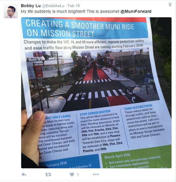 Person holding Muni Forward flier describing Mission Street transit improvements and red transit-only lanes coming February 2016.
