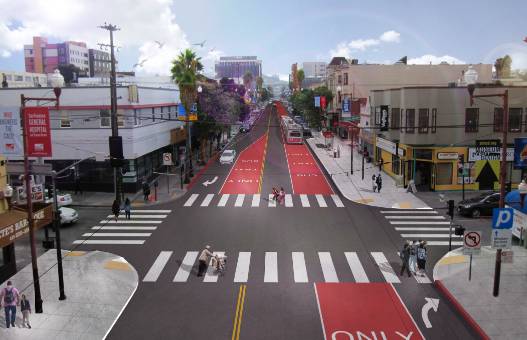 Red transit-only lanes on Mission Street with white crosswalks and street-level view of urban intersection.