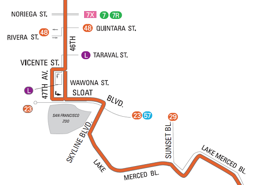 Map of San Francisco transit Route 18 showing stops from Noriega Street to Lake Merced Boulevard via Sunset Boulevard.