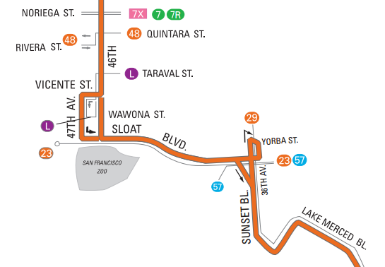 San Francisco transit map showing Route 18 with stops including Lake Merced Boulevard, Sunset Boulevard, Sloat, and connections to downtown.