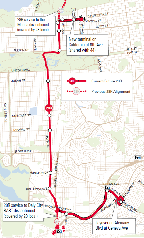 Map showing 28R bus route alignment along 19th Avenue from California Street to Geneva Avenue, with previous alignment marked in dashed line.