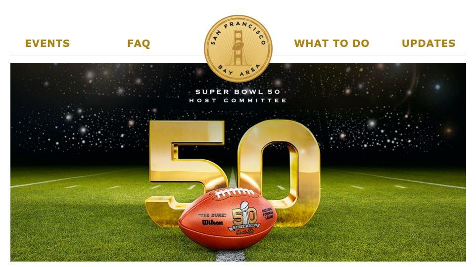Super Bowl 50 Host Committee banner with golden "50" and football on field under starry sky