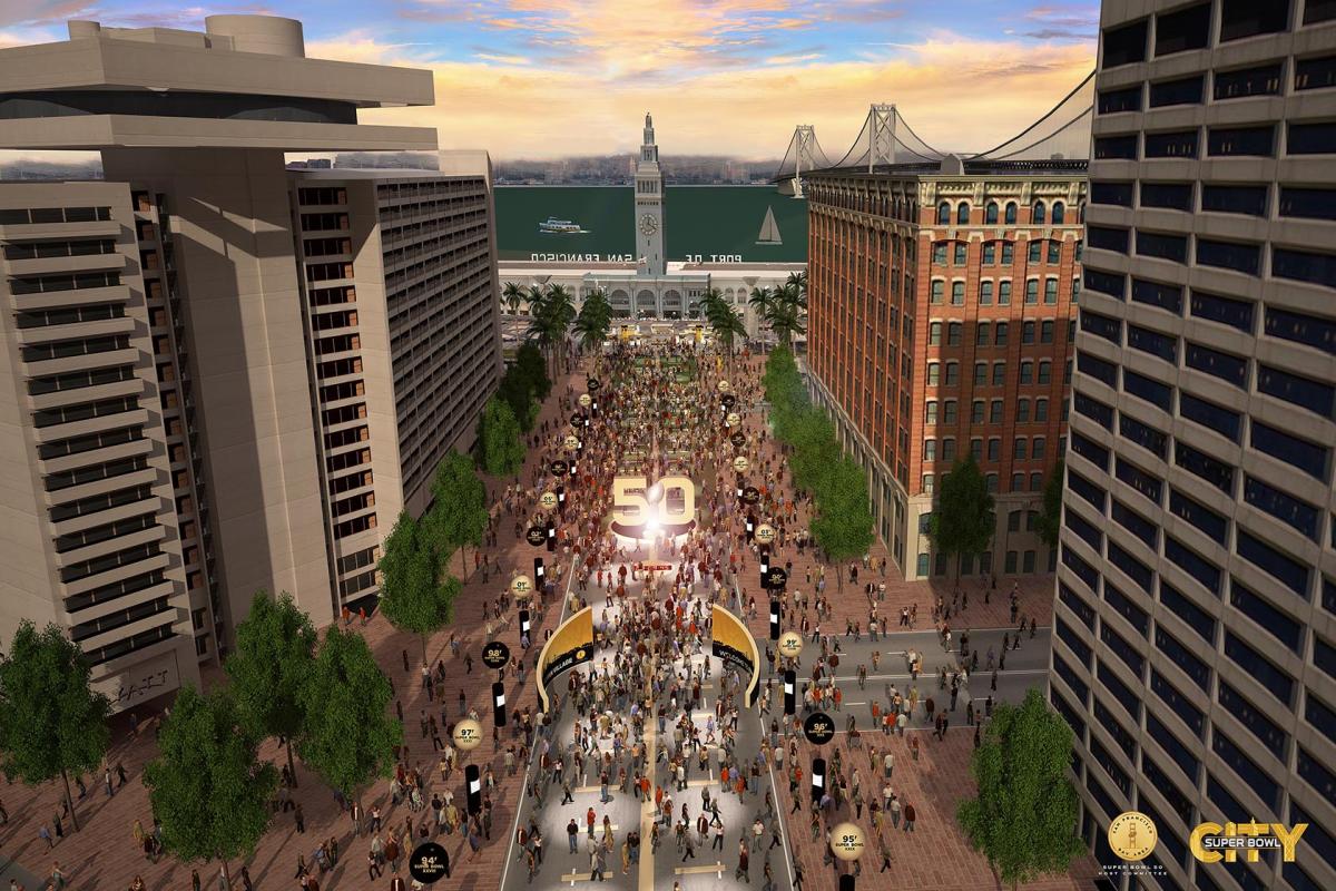 Market Street rendering showing crowds gathered around a large Super Bowl 50 sign with downtown buildings and bay bridge visible.
