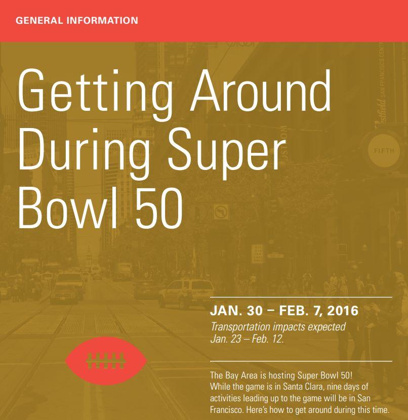 Super Bowl 50 transportation guide cover with red football icon and gold background showing San Francisco street scene.