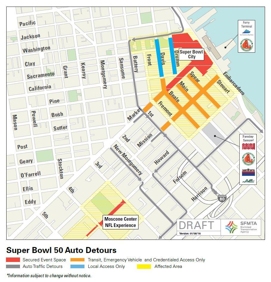 Map of downtown San Francisco showing Super Bowl 50 secured event spaces, auto traffic detours, transit access, and affected areas near Moscone Center.