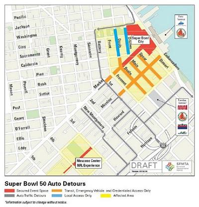 Map of downtown San Francisco showing Super Bowl 50 auto detours with street closures and transit access routes marked in different colors.