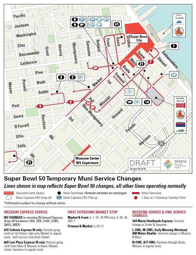 Downtown San Francisco transit map showing Super Bowl 50 temporary service changes with colored lines and numbered routes.