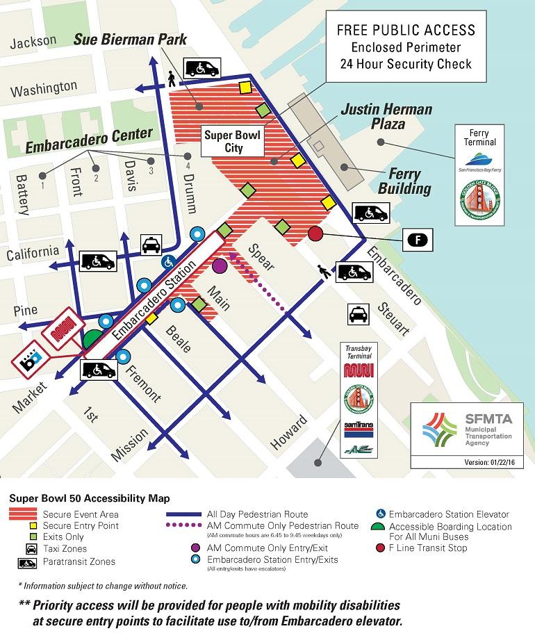 Super Bowl City accessibility map showing pedestrian routes, secure areas, and accessible services in downtown San Francisco.