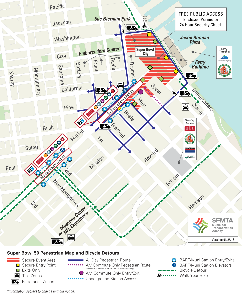 Super Bowl 50 pedestrian map showing secure event areas, transit stations, bike detours, and taxi zones in San Francisco.