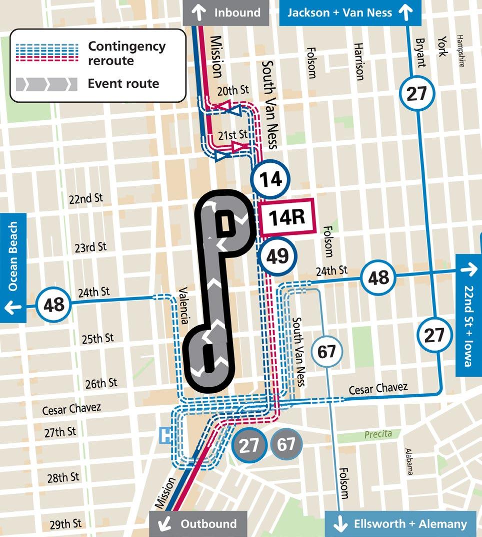 Map showing event route and possible Muni service changes for the SF Lowriders Cold Frisco Nights event in the Mission.