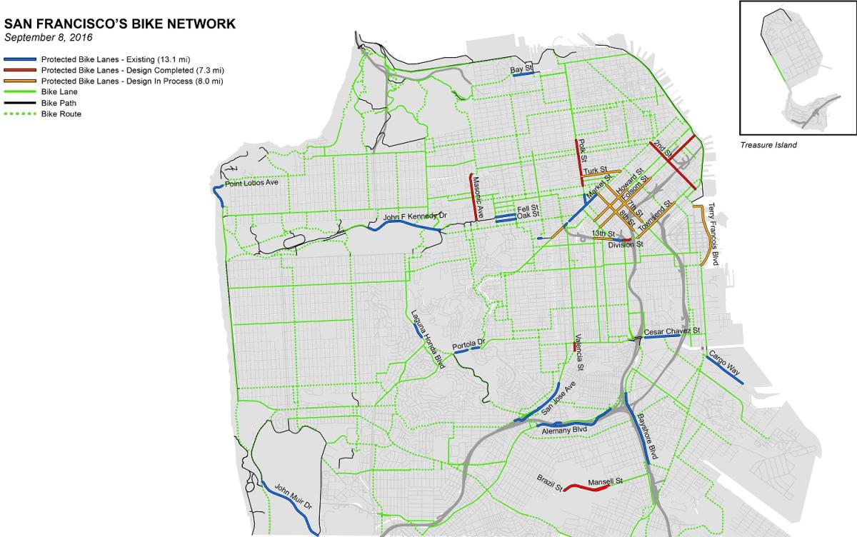 San Francisco bike network map showing existing protected bike lanes in red, design completed lanes in orange, and proposed bike lanes in blue as of September 2016.