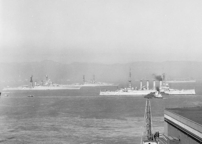 Multiple Navy battleships anchored in San Francisco Bay, viewed from Rincon Hill, August 1926