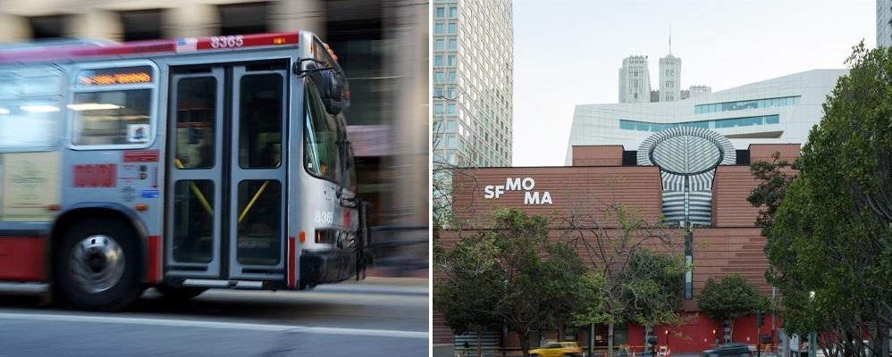 Moving Muni bus on city street; SFMOMA building with distinctive clock tower visible in background.