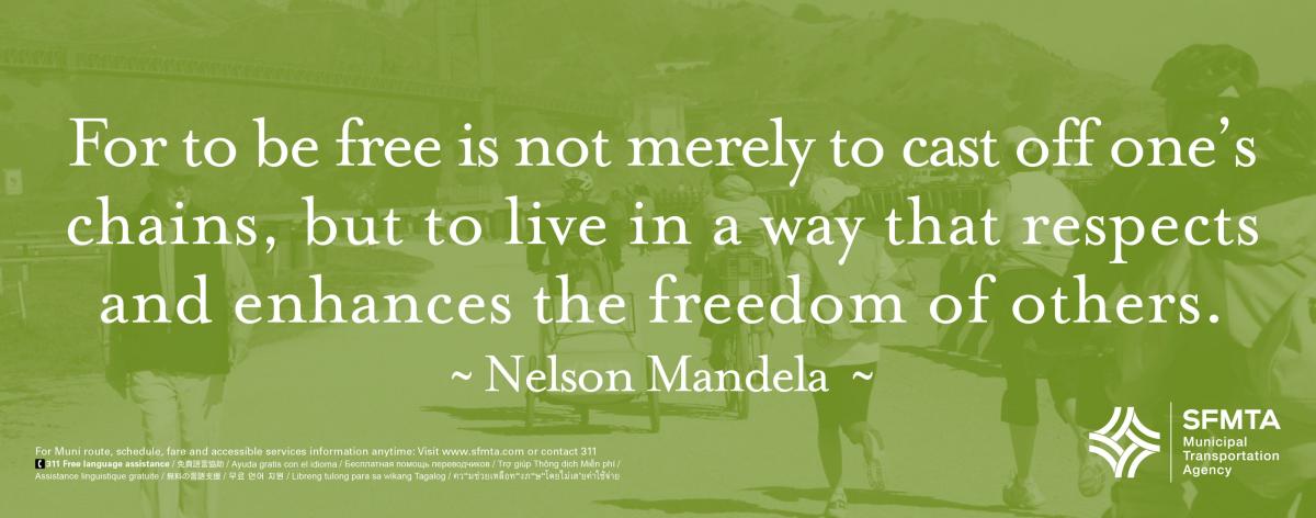 Nelson Mandela quote on green-tinted photo of people walking, biking, and jogging at Crissy Field with Golden Gate Bridge.