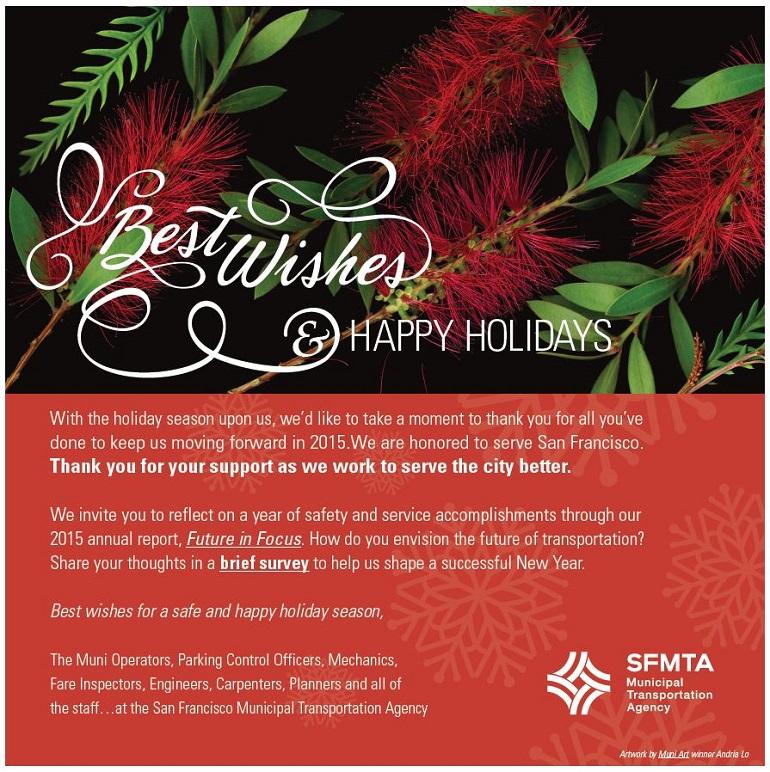 SFMTA holiday greeting card with red flowers and green foliage on black background, white text reading "Best Wishes & Happy Holidays"