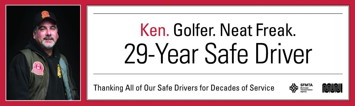 Man wearing cap and work jacket with safety pins, identified as Ken, a 29-year safe driver for transit agency.