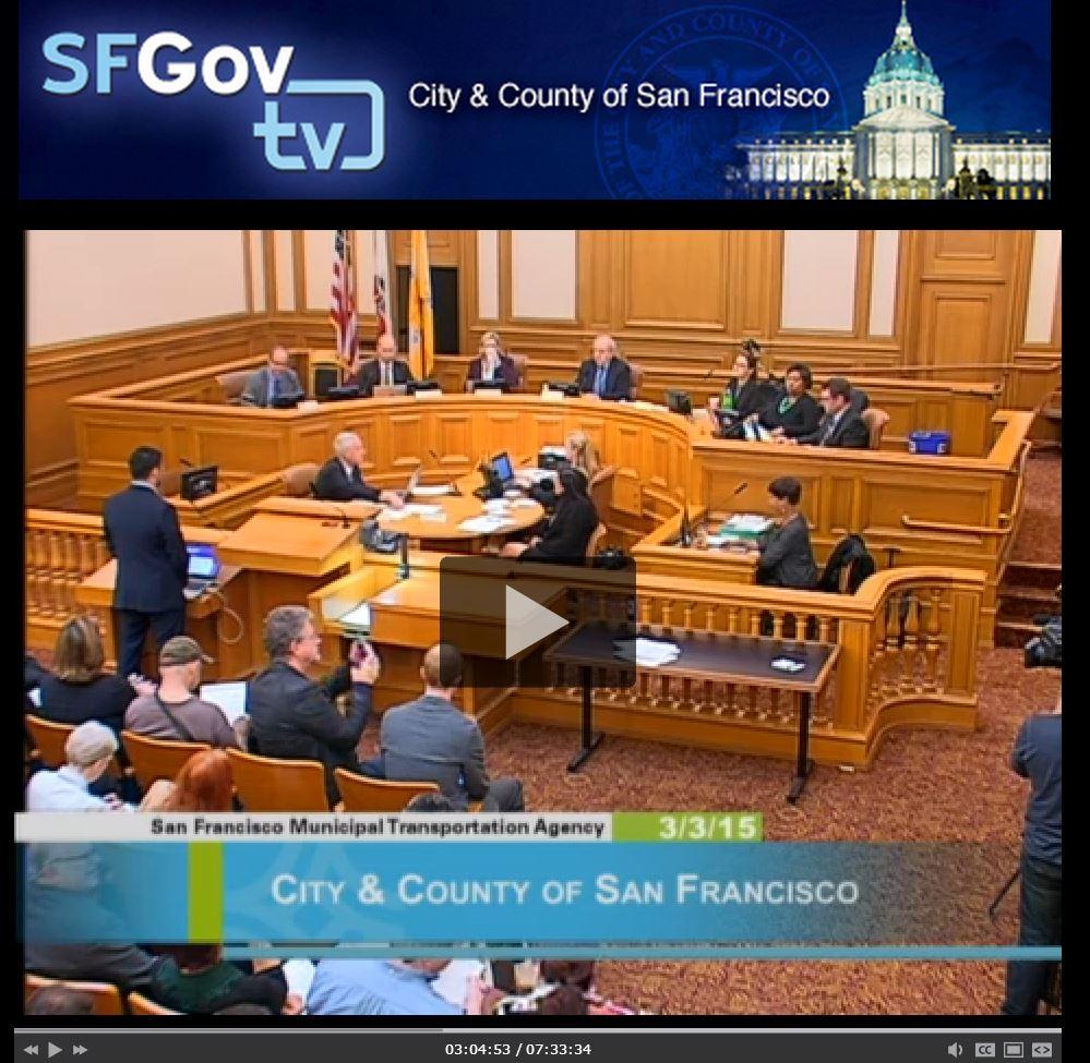 SFMTA Board meeting in San Francisco City Hall courtroom with judges bench, attorneys, and spectators, dated 3/3/15.