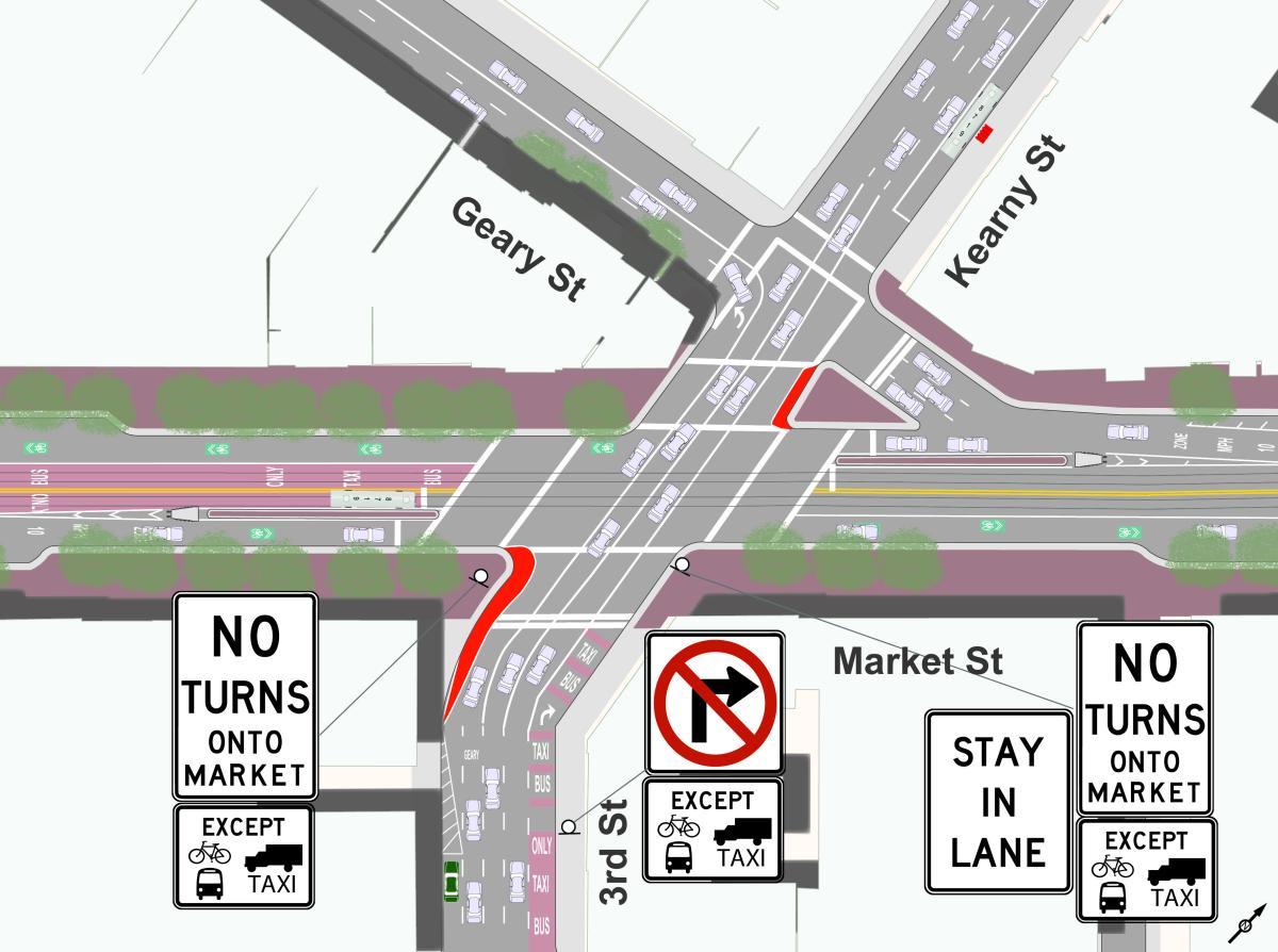 Street map showing turn restrictions at Market Street and 3rd/Kearny/Geary intersection with regulatory signs.