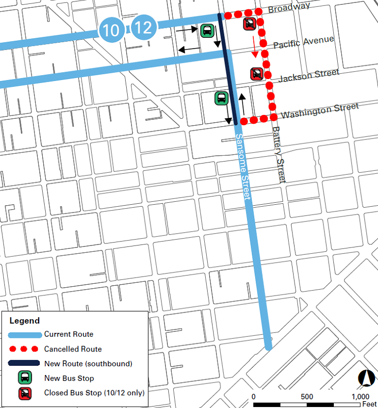 Map showing Routes 10 and 12 service changes on Sansome Street, with current route in blue, cancelled route in red dashes, and new southbound route in dark blue.