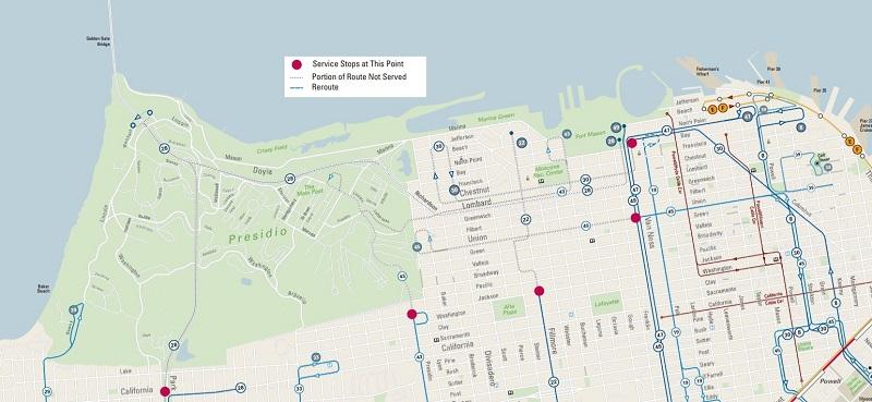 Map showing Muni service reroutes in the Presidio and surrounding neighborhoods with red dots marking affected areas.