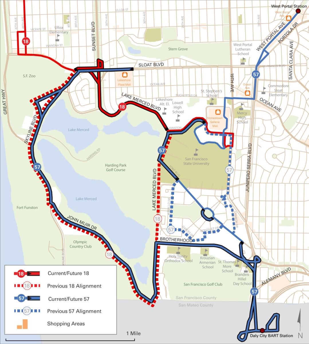 Map showing rerouted paths for Muni bus lines 18 and 57 in San Francisco, with current and previous alignments marked in different colors.