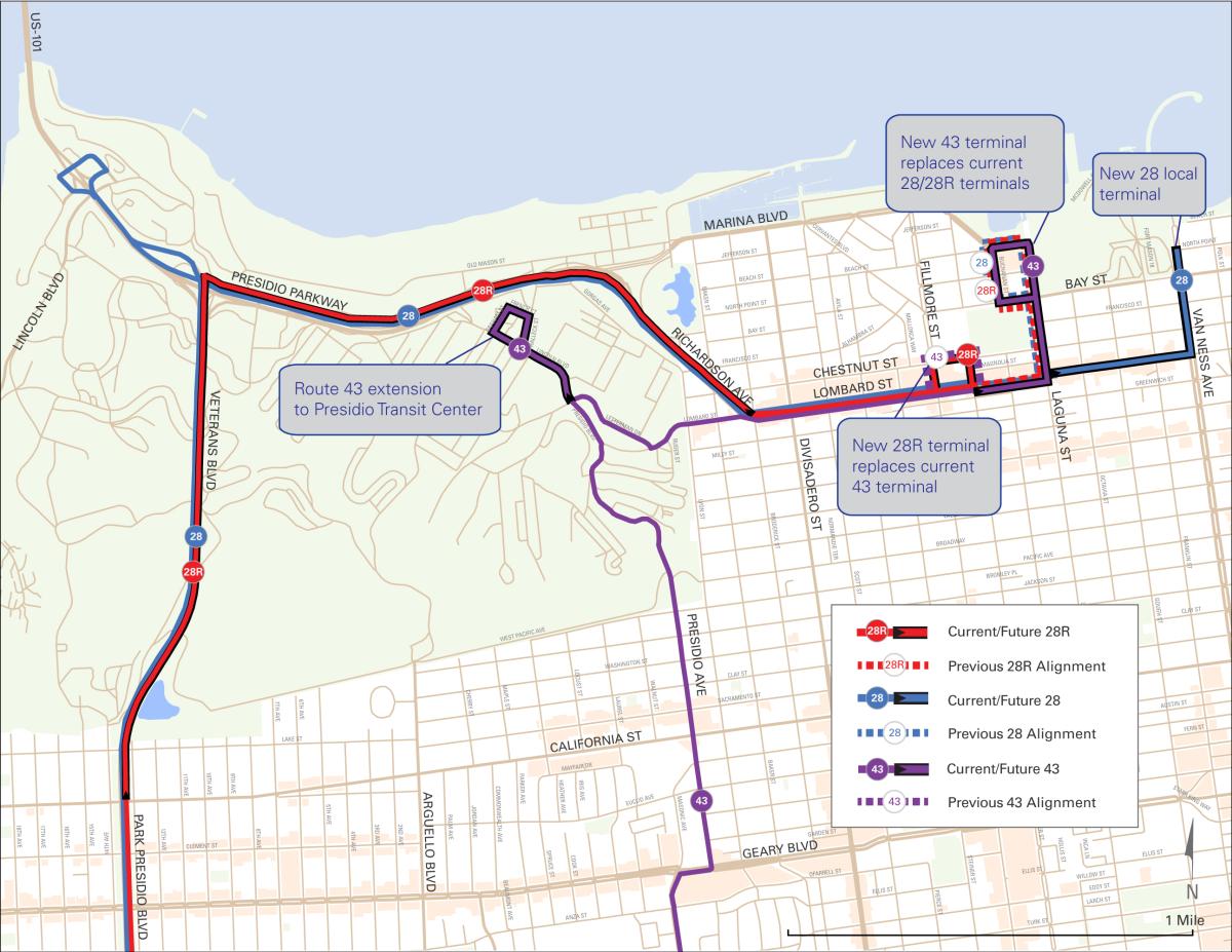 Map showing proposed route changes for Muni bus lines 28, 28R, and 43 in San Francisco with terminal relocations.