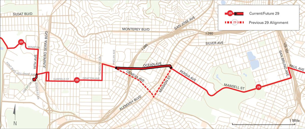 Map showing current and future alignment of Route 29 Sunset bus line in San Francisco.