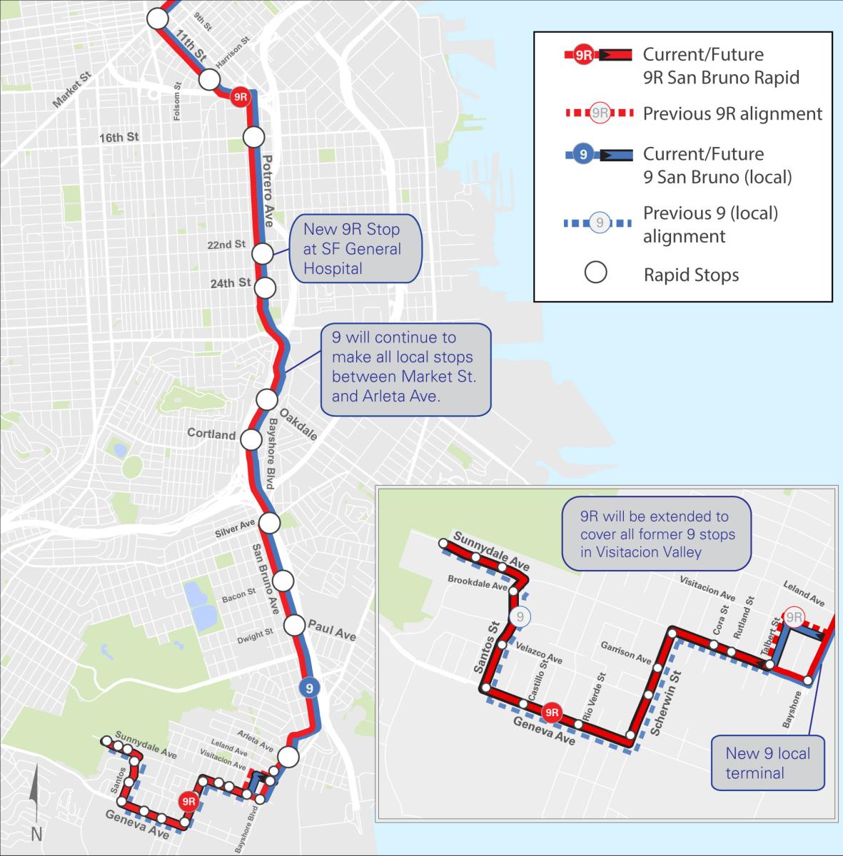 Map showing current and future 9/9R San Bruno Rapid and 9 San Bruno local bus routes with stops and service changes in San Francisco.