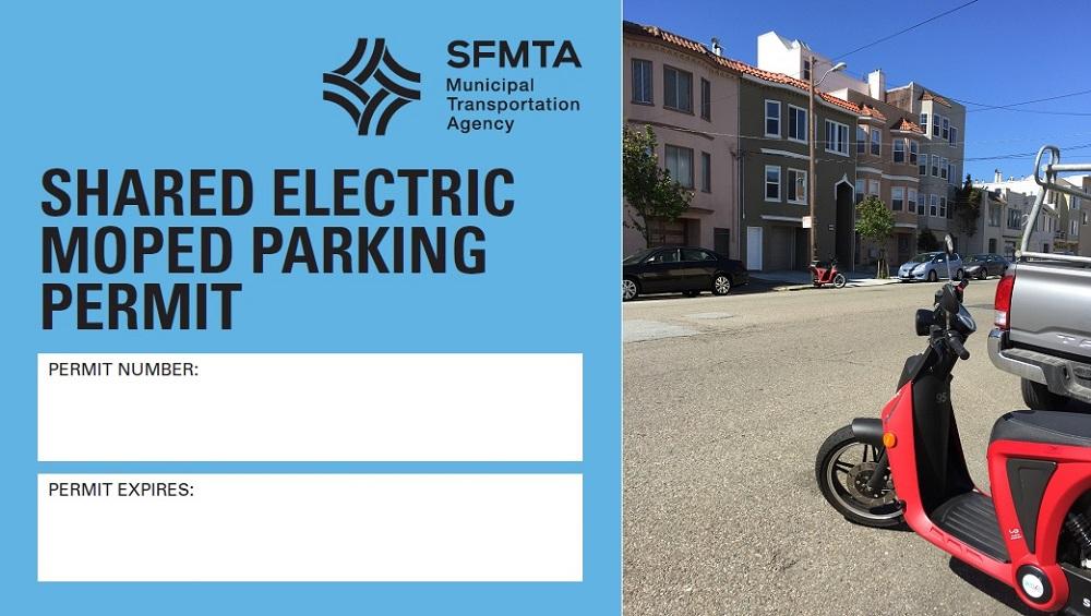 SFMTA shared electric moped parking permit with red e-moped parked on San Francisco street.