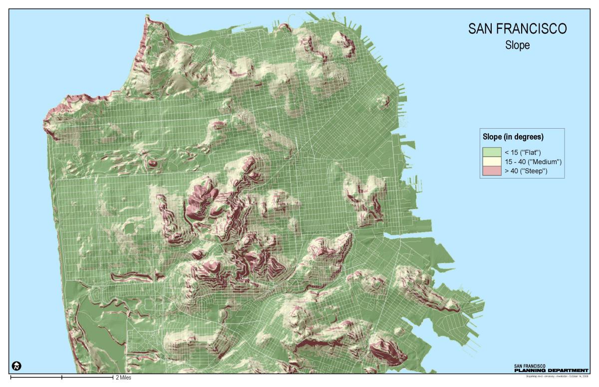 San Francisco slope map showing flat, medium, and steep terrain across the city's neighborhoods and hills.