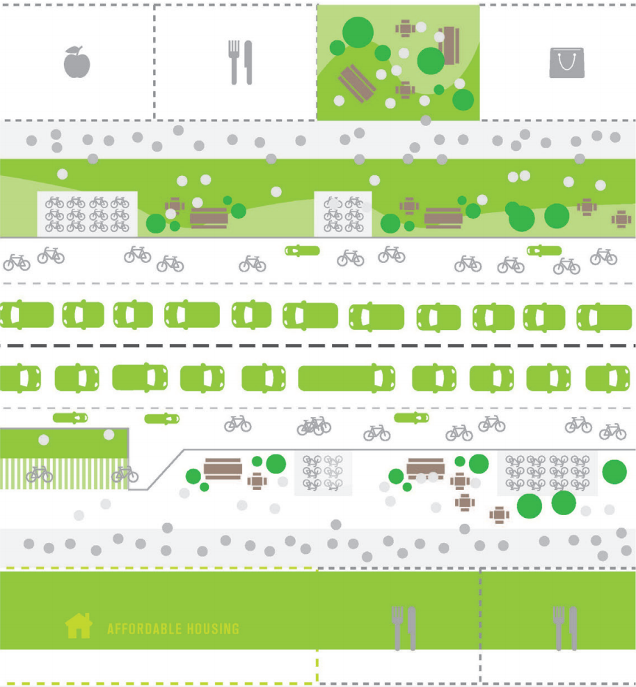 Aerial view map showing urban street layout with bike lanes, green spaces, parking areas, and affordable housing zones.