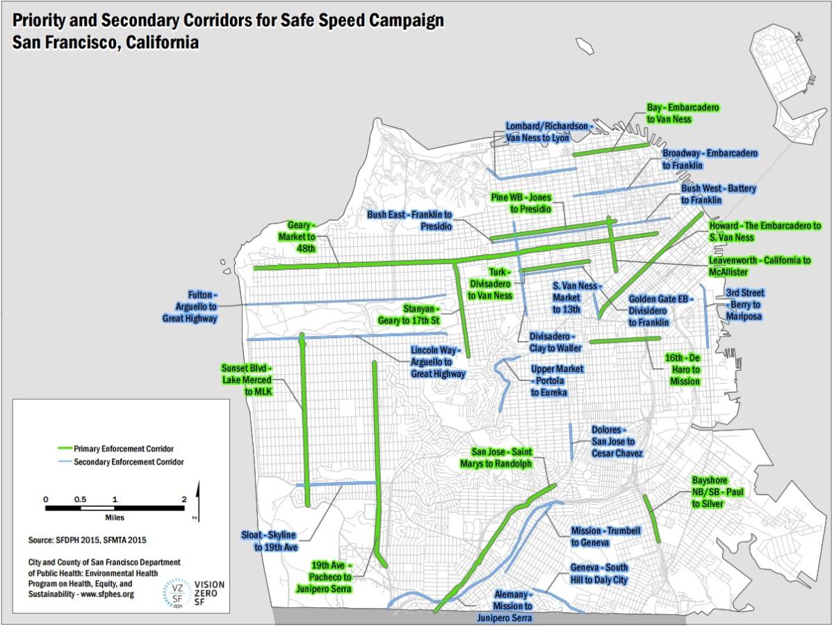 Map of San Francisco showing priority and secondary corridors for safe speed campaign enforcement, with green lines indicating primary corridors and blue lines indicating secondary corridors.