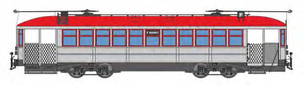 Red and cream historic streetcar with blue windows and dark lower section, shown in side profile.
