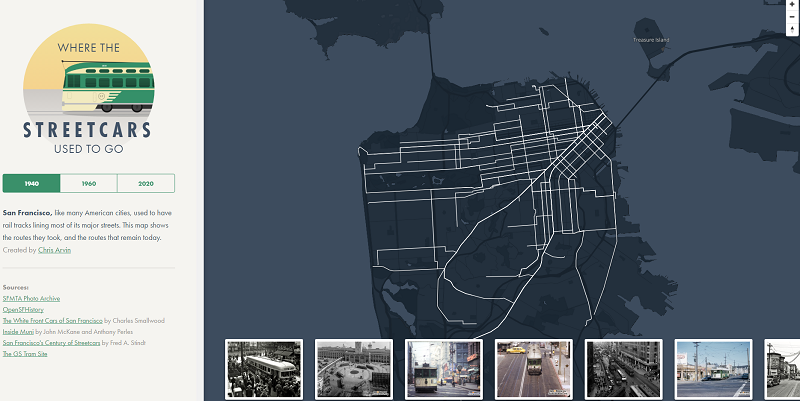 Interactive map showing San Francisco streetcar routes with historical photos and timeline from 1940 to 2030.