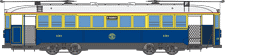 Blue and cream vintage streetcar with rounded ends and multiple windows, shown in side profile.