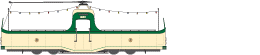 Green and cream colored vintage streetcar viewed from above at an angle