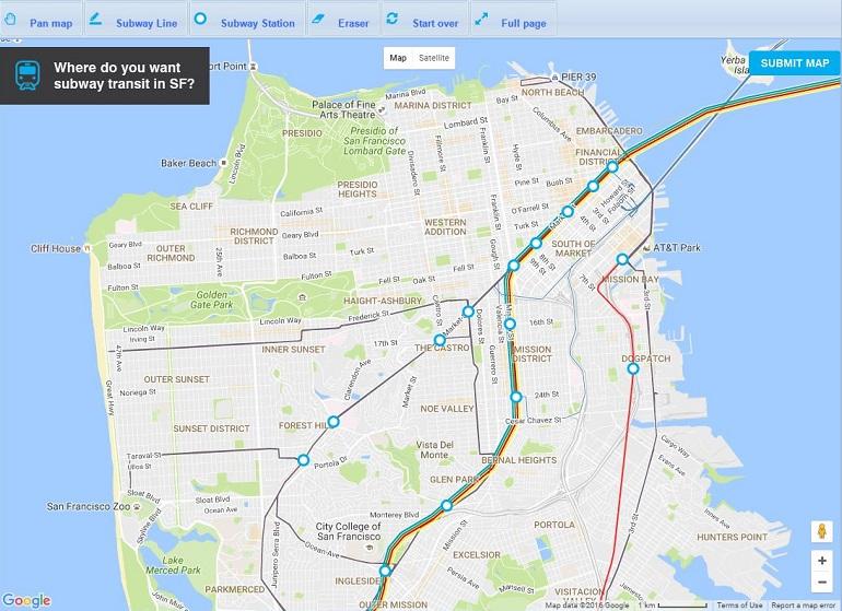 Interactive map tool showing San Francisco subway line planning with user-drawn routes in blue and orange across the city.