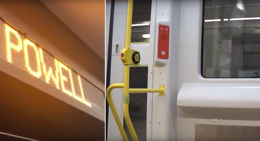 Yellow emergency handle and red alarm button on interior of new Siemens train car door.