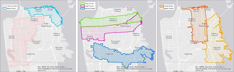 Three maps of San Francisco showing highlighted transit corridors in blue, green, magenta, and orange shading.