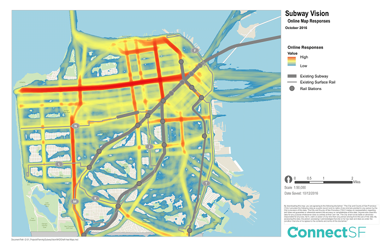Subway Vision heat map showing online responses for proposed transit network expansion in San Francisco, October 2016.