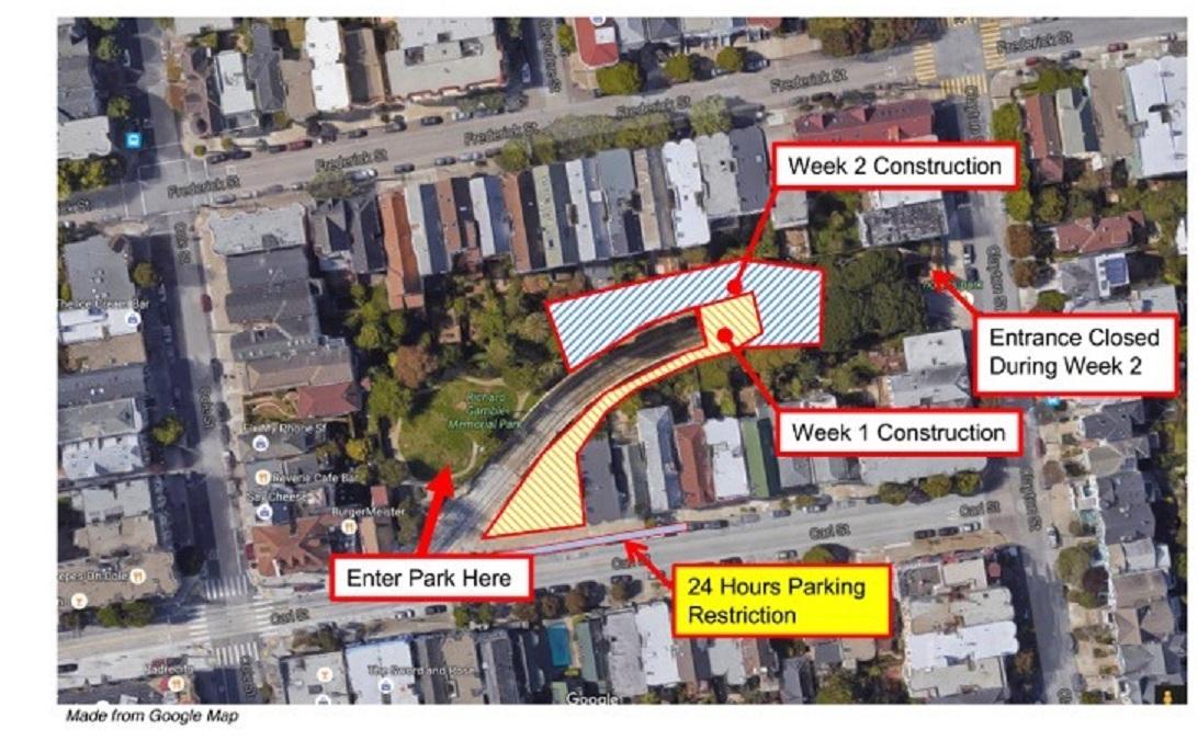 Aerial map showing Sunset Tunnel construction zones with Week 1 and Week 2 areas marked, park entrance location, closed entrance during Week 2, and 24-hour parking restriction.