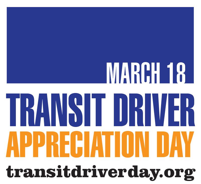 Transit Driver Appreciation Day March 18 promotional graphic with blue and orange text and website URL.
