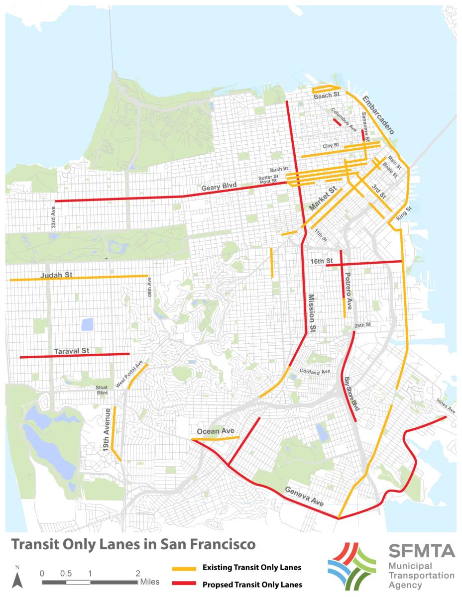 Map of San Francisco transit-only lanes showing existing routes in yellow and proposed routes in red.